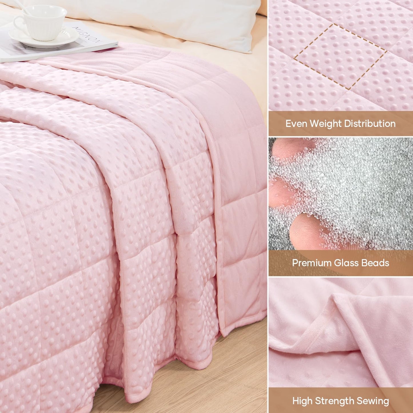 Wemore Minky Dot Weighted Blanket for Adults Twin Size 15 lbs, Soft Cozy Heavy Blanket for Stress Relief and Sleep Promotion, Breathable Blanket for All-Season with Glass Beads, Pink 48 x 72 inches
