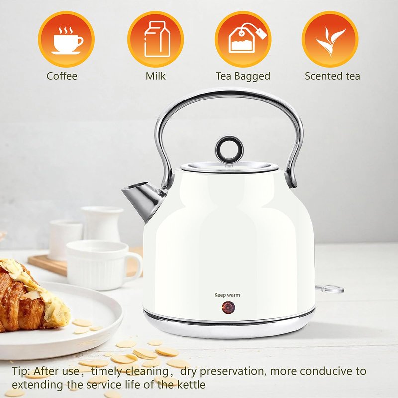 Seydere Electric Kettle – 1.7L Stainless Steel Kettle with Keep Warm Function, 1500W Fast Boil Kettle with LED Indicator, Auto Shut-off & Boil-Dry Protection Cordless Design, Rotational Base (White)
