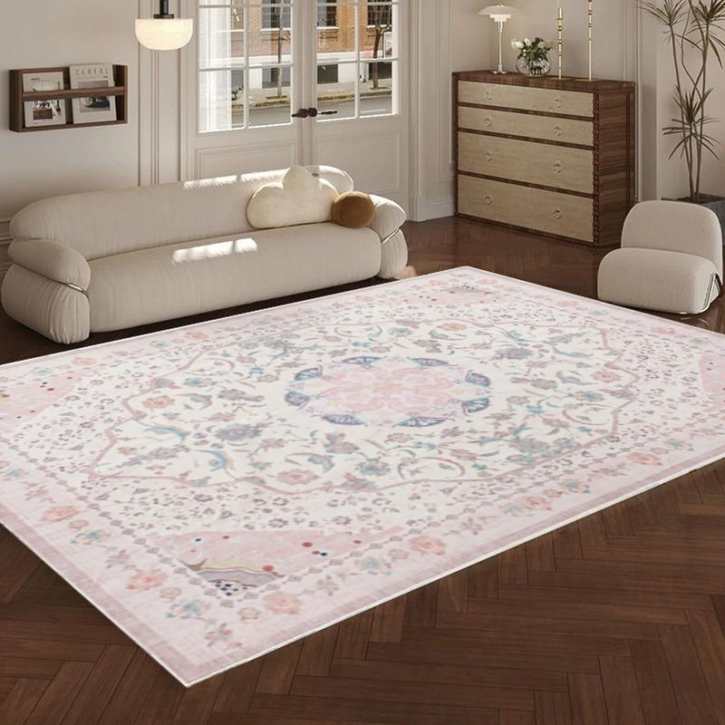 auruge Area Rug - Vintage 3x5 Non-Slip Backing Area Rugs Light Pink Soft Faux Wool Carpet Foldable & Machine Washable Rugs for Living Room Bedroom Dining Room Nursery Home Office
