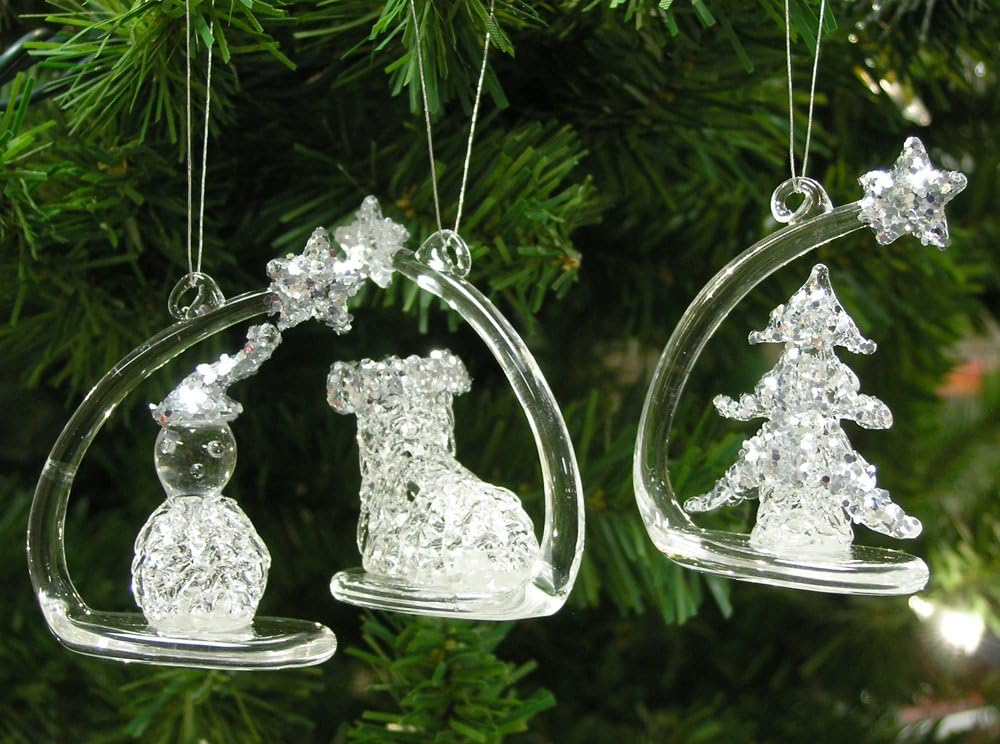 Glitter Christmas Ornaments Set of 3 - Boot, Tree & Snowman Glass Decor - 2.25” H x 1.75” W