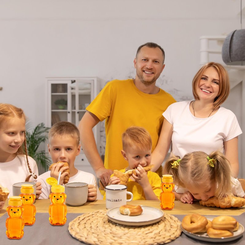 Thenshop 64 Pcs 6 oz Honey Bear Bottle and 64 Pcs Straws Plastic Honey Bear Straw Cup Honeybear Squeeze Jars Cute Empty Bottle for Syrup Sauce Juice Storing and Dispensing