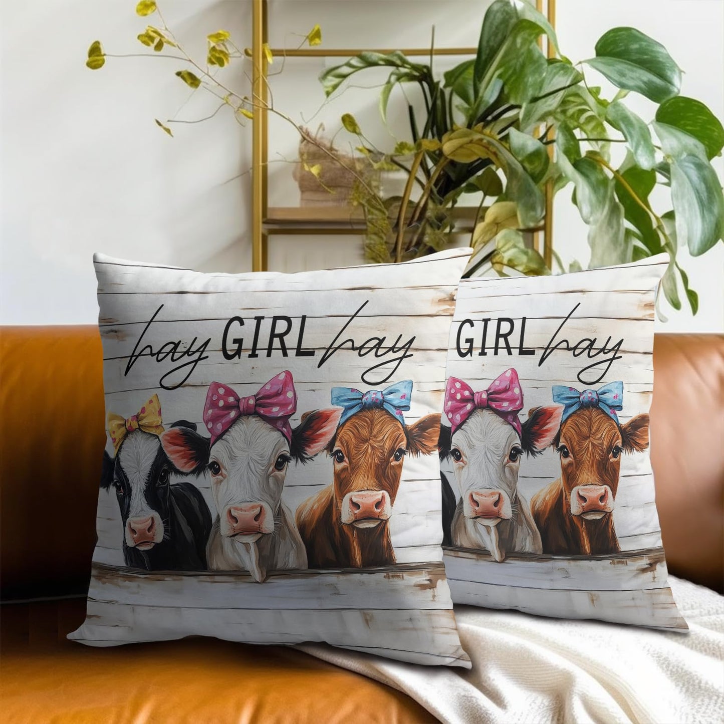 Giwawa Farmhouse Cow Throw Pillow Covers 18x18 Inch Hay Girl Hay Decorative Pillowcase Set of 2 Couch Cushion Covers for Home Living Room Patio