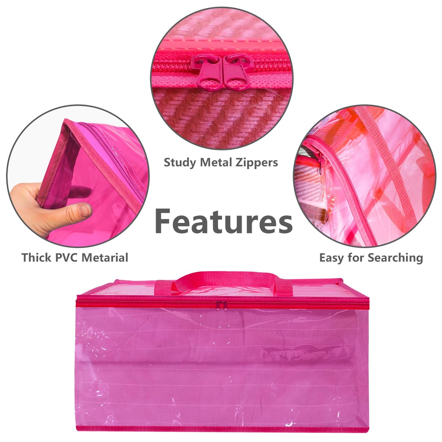 WADILE Pink Clear Clothes Storage Bag with Zipper, 3 Pack 90L Vinyl Storage Bag for Comforter, Blanket, Bedding, Duvet, Transparent Moving Totes