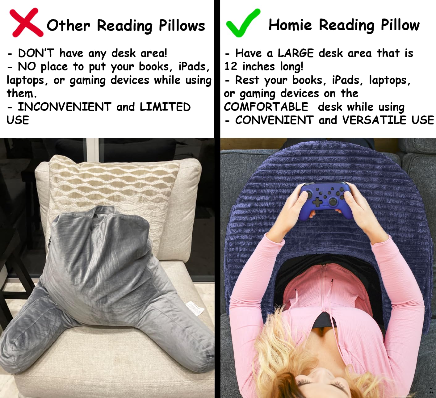 3-in-1 Reading Pillow for Gaming, Extra Large with Reading Light and Wrist Support Pillow, Memory Foam Lap Desk Bed Rest Pillow with Arm Rest, for Working, Playing Steam Deck Switch or Sitting
