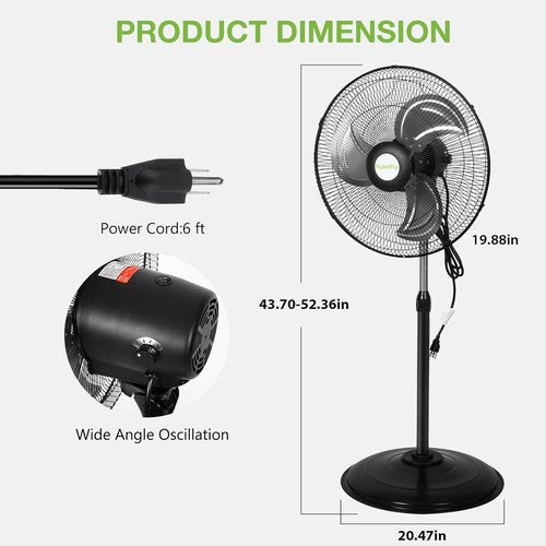 Hykolity 18" High Velocity Oscillating Fan - 3850 CFM, 3-Speed Heavy Duty Metal Design for Garage & Home