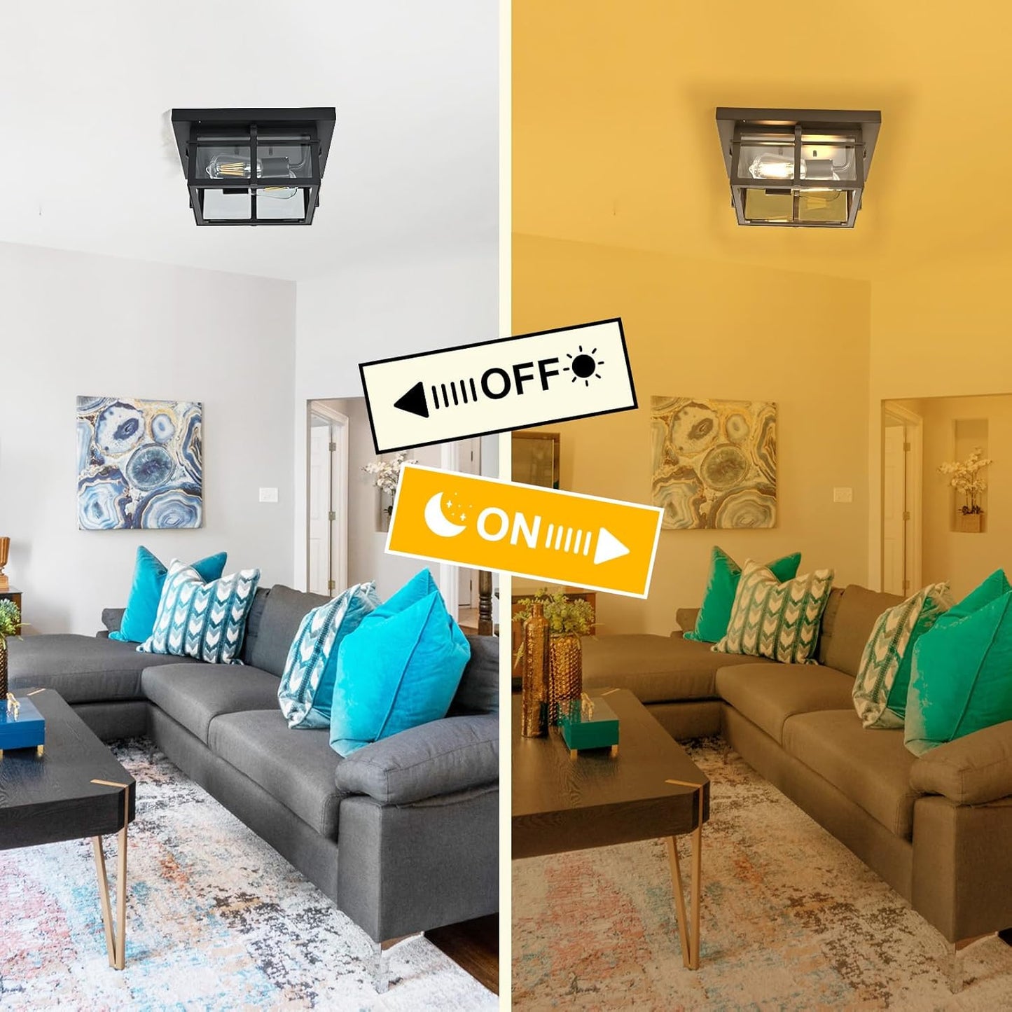 Farmhouse Ceiling Light Fixture Black 2-Light with Clear Glass, Square Flush Mount Ceiling Light for Hallway Kitchen Bedroom Porch