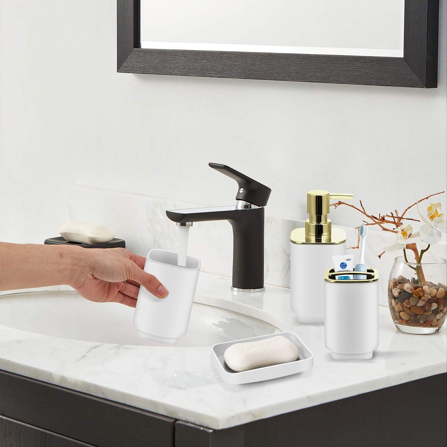 IMAVO White Bathroom Accessories Set,11Piece Bathroom Accessory Gift Set,Tray,Trash Can,Toothbrush Holder,Toothbrush Cup,Soap Dispenser,Soap Dish,Toilet Brush and Qtip Holders