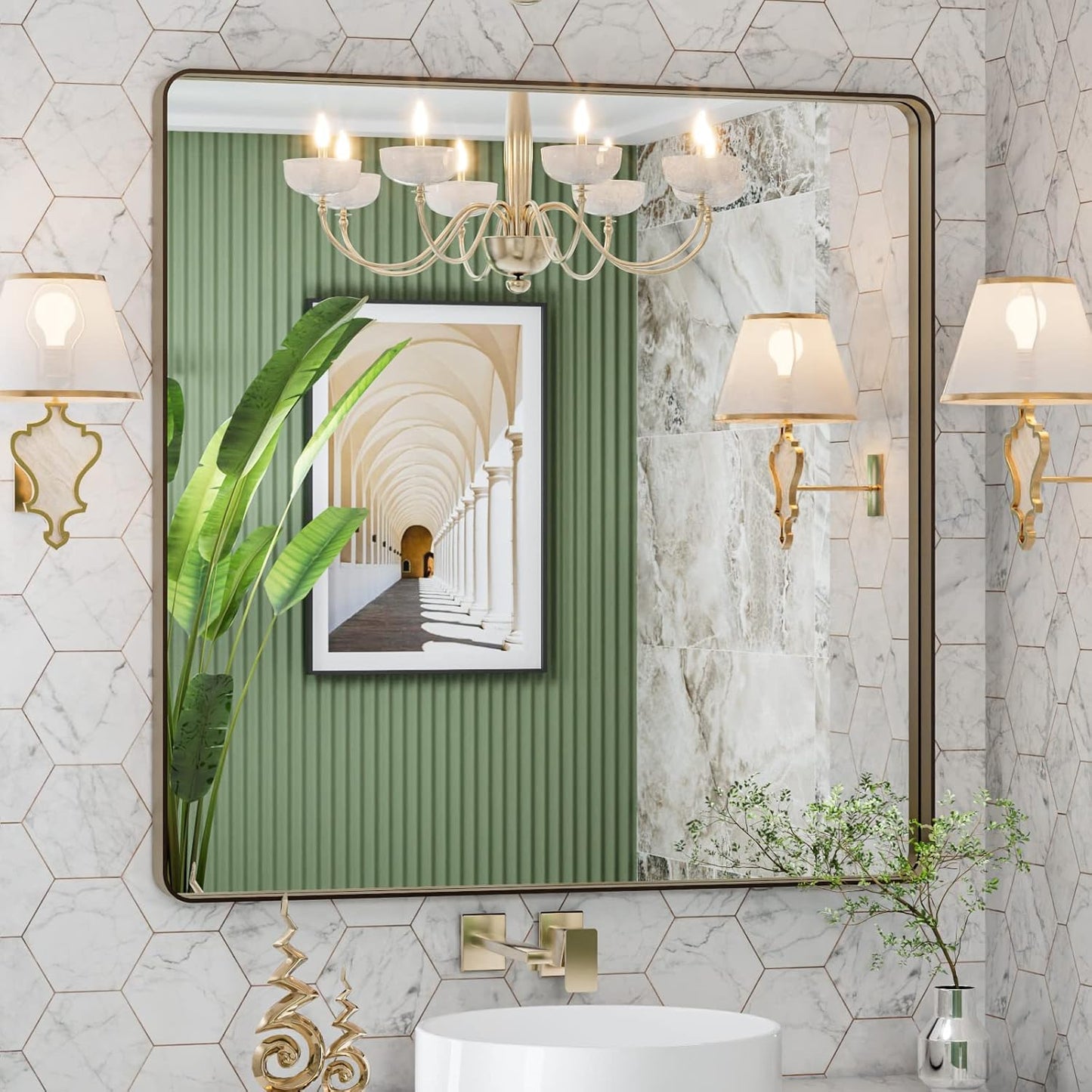 LOAAO Bronze Bathroom Mirror - 36”x36” Rounded Rectangle with Anti-Rust Frame | Hangs Horizontally or Vertically