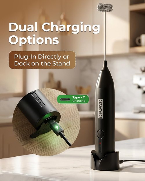 INDCAN Rechargeable Milk Frother - Electric Foam Maker with Dual Stainless Steel Whisk | Perfect for Coffee & Lattes (Pro, Black)
