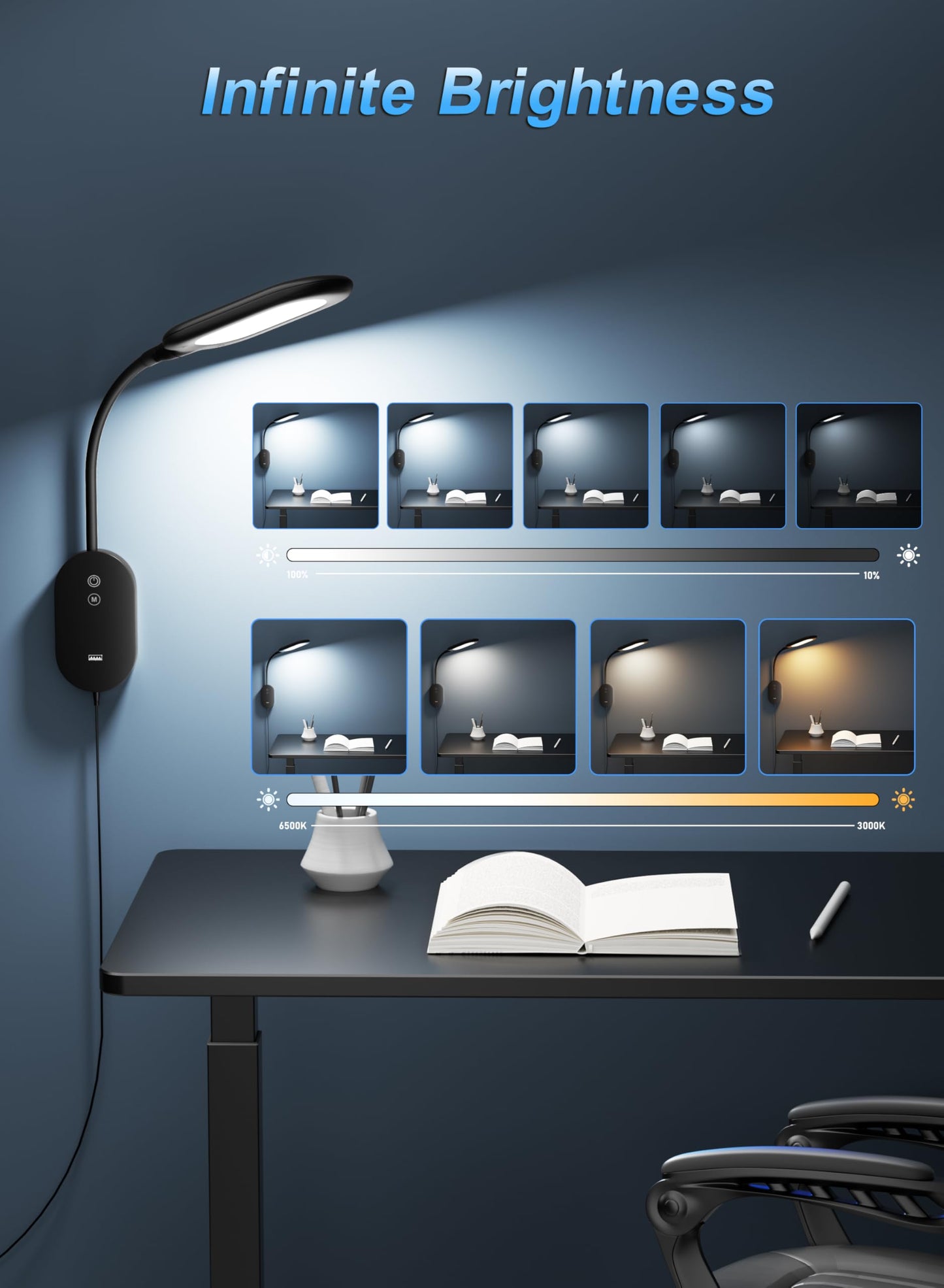TOPMB Wall Mounted Reading Bed Light, Wall Bed Lamp with CRI 95+ for Eye Care, 4 Color 5 Dimmable, 2A USB Output, 4-Hour Auto Off, Book Lights Flexible Gooseneck Reading Lamp Headboard Black