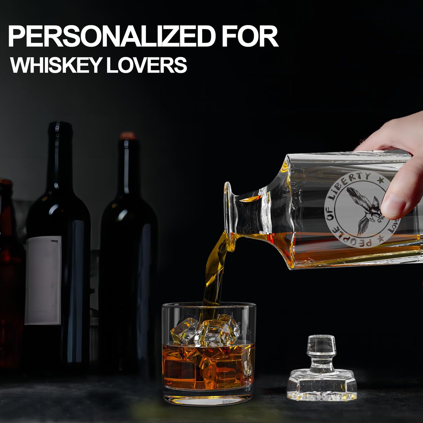 Whiskey Decanter Sets for Men,25 oz Whisky Decanter with 2 Glasses Laser Etched Love Freedom for Liquor Bourbon,Christmas Birthday Anniversary Wedding Whiskey Gifts for Men Dad Fathers' Day