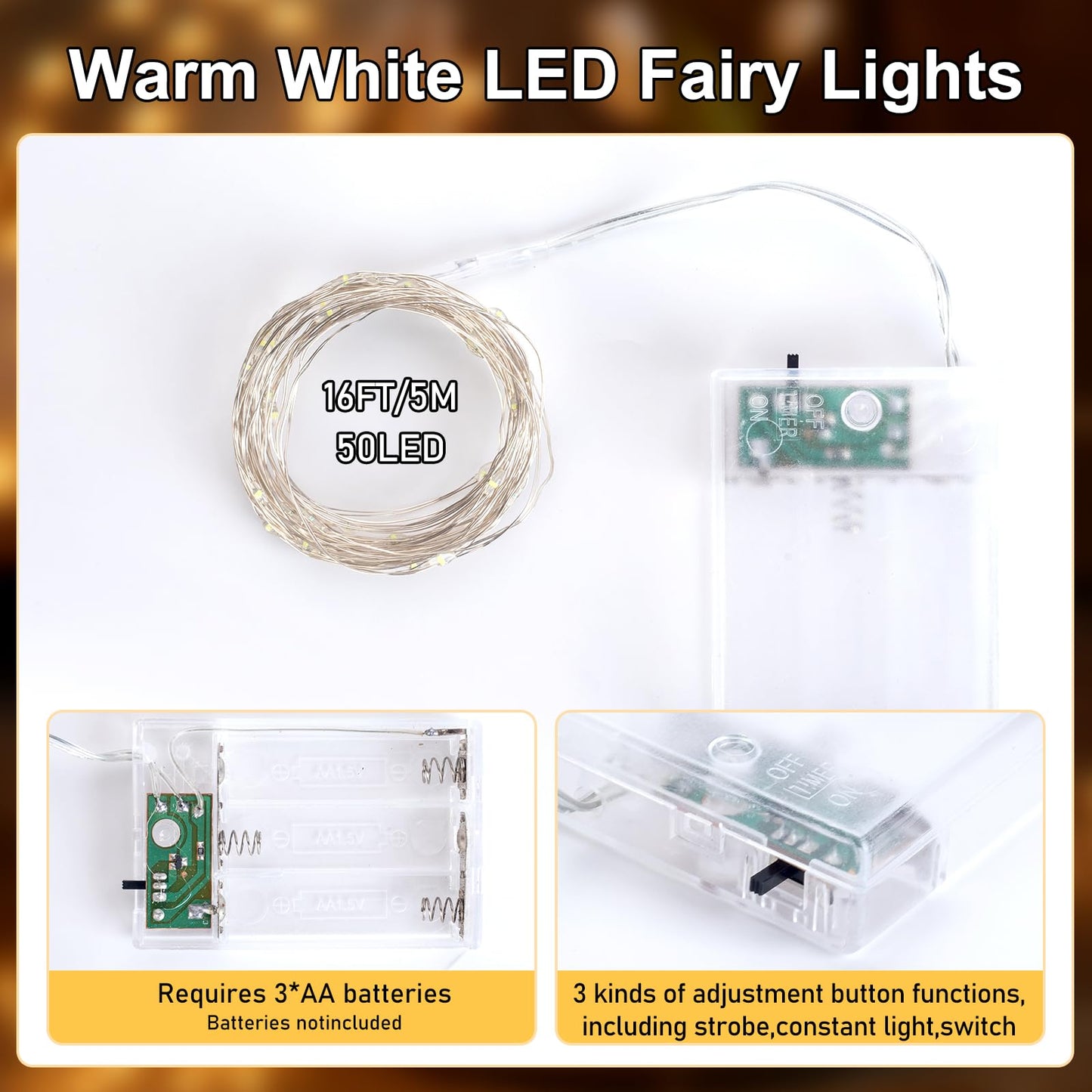 YPHSOL Fairy Lights Battery Operated String Lights 16.4ft 50LED Flashing and Constant Light Waterproof Silver Wire for Christmas DIY Party Wedding Decoration (Warm White, 2 Pack)