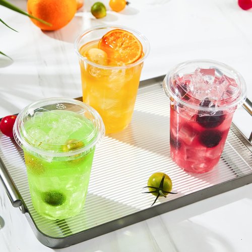 BYSNOW 16 oz Clear Plastic Cups with Lids - 100 Pack Disposable Iced Coffee & Smoothie Cups