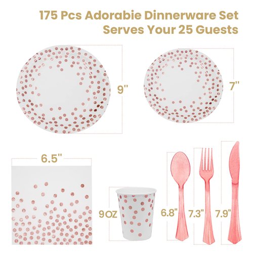 AIRE 175PCS White and Rose Gold Paper Plates Party Supplies for 25 Guests Party Decorations Dinnerware Rose Golden Dot Paper Plates Napkins Cups Gold Plastic Forks Knives Spoons for Wedding Birthday
