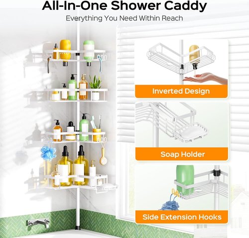 HAMITOR Corner Shower Caddy - 4-Tier Rustproof Bathroom Organizer with Soap Holder & Hooks | Adjustable Tension Pole 47-123 Inch