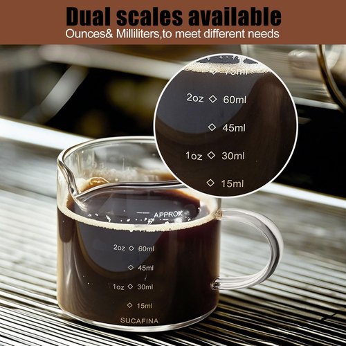 FUNGLIJIE Espresso Cups Set of 2, 75ML Espresso Shot Glass with Handle Double Spout Cups Clear Glass Measuring Cup Coffee Accessories Great for Making Coffee Desserts Salad Dressing