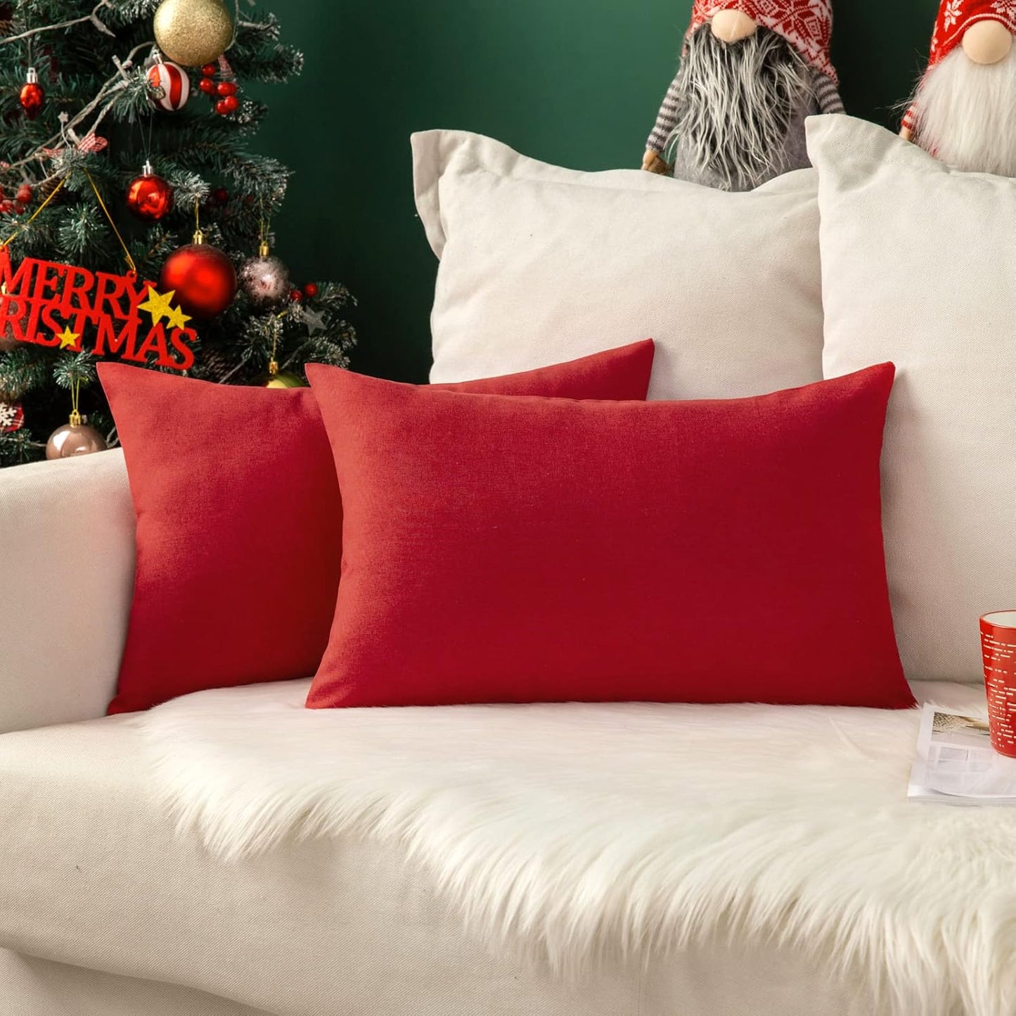 MIULEE Decorative Outdoor Throw Pillow Covers - Waterproof Faux Linen Cushion Cases | 20x12 Inch Red, Set of 2