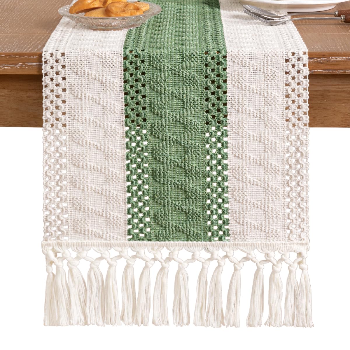 Socomi Boho Table Runner Summer Farmhouse Rustic Dining Kitchen Small Macrame Woven Cotton Linen Coffee Table Runner for Dresser Scarf Home Decor 12x36 inch Sage Green Ivory