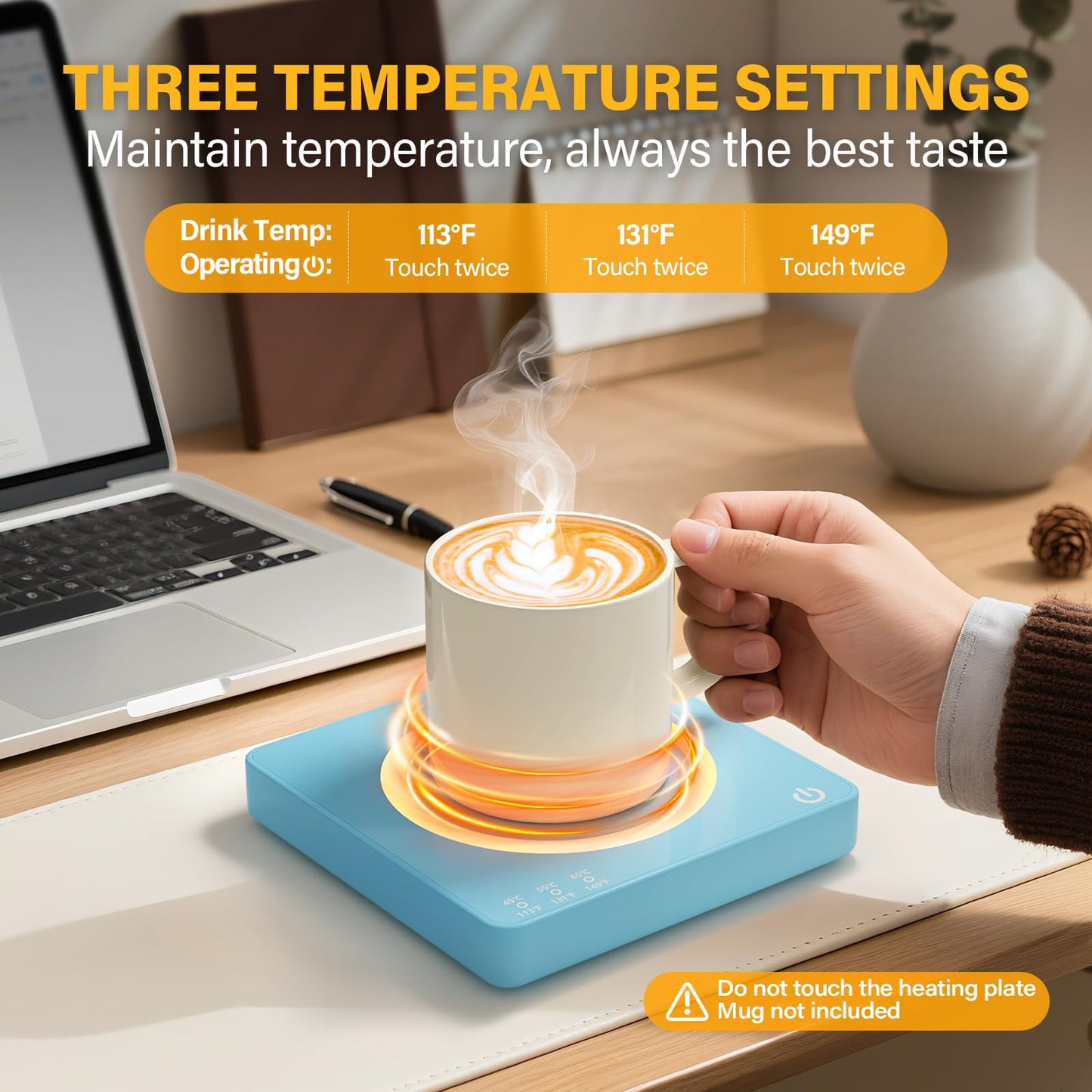 WHOLEV Coffee Mug Warmer, Smart Mug Warmer, 15W Wireless Phone Charging, 3 Heat Settings Temperature Controlled, 8H Auto Off, Candle Warmer, Safe for Heating Coffee, Beverage, Milk, Tea