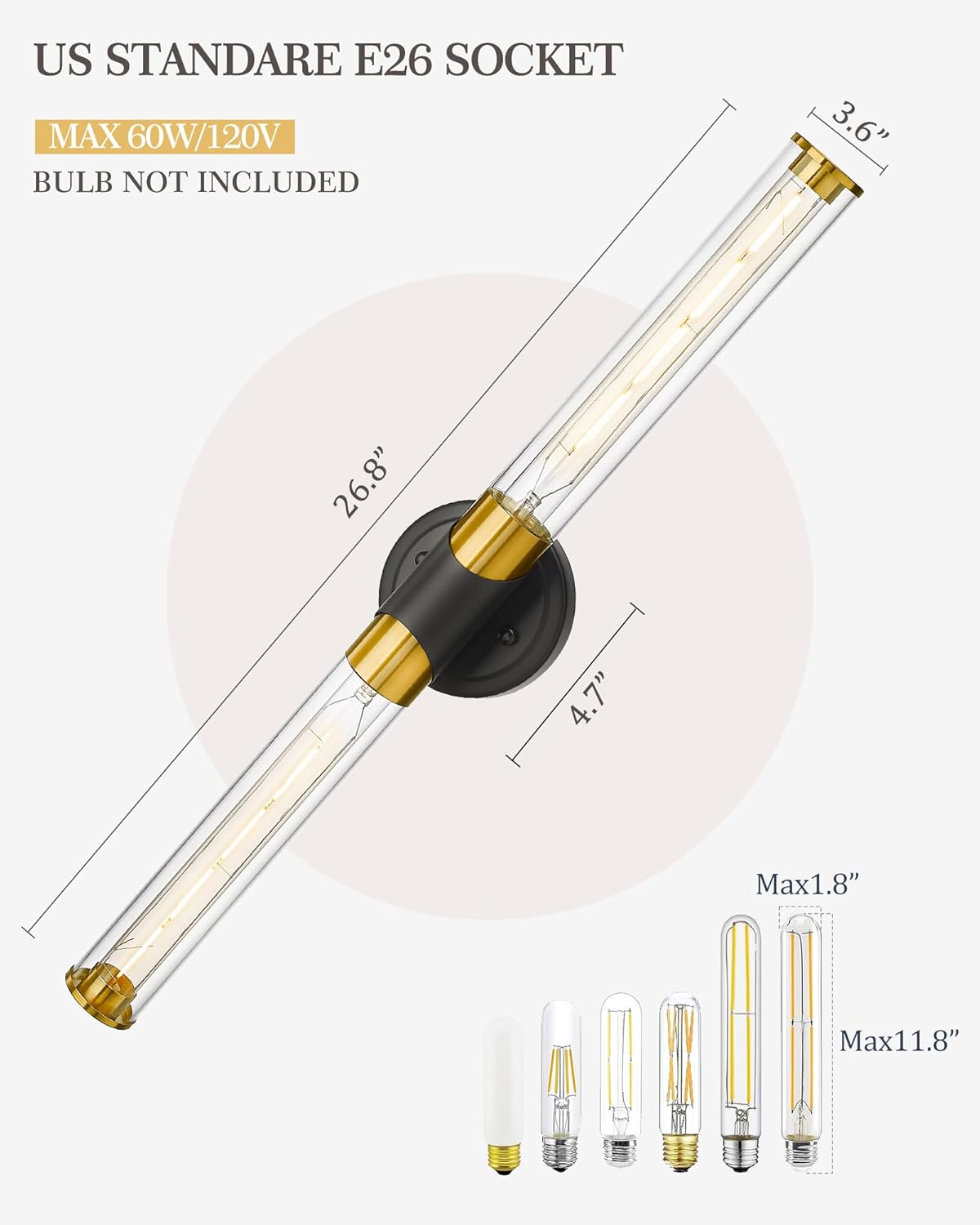 Industrial Sconces Wall Lighting, HWH 2-Light Bathroom Vanity Light Fixtures Black and Gold, 27'' Vanity Light Bar Cylinder Wall Lamp Over Mirror Bedroom Kitchen, 5HZG105B BK+BG