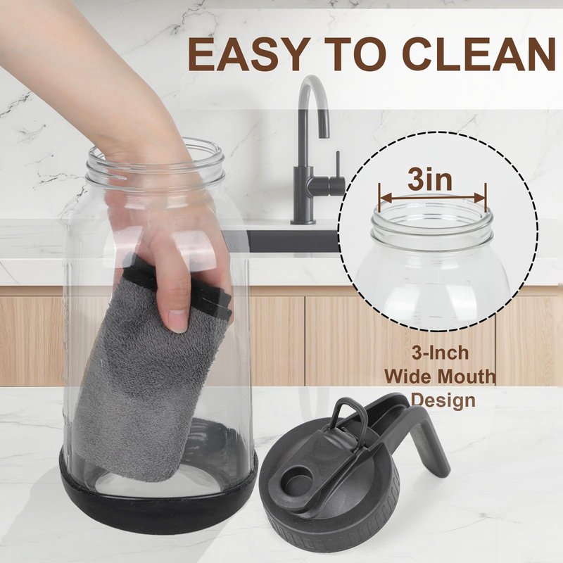 64 oz Glass Mason Jar Pitcher with Lid, Handle & Non-Slip Silicone Base, Food-Grade Leakproof & Airtight – 2-Quart Iced Tea Pitcher for Fridge, Breast Milk Storage, Sun Tea & Cold Brew (Black)