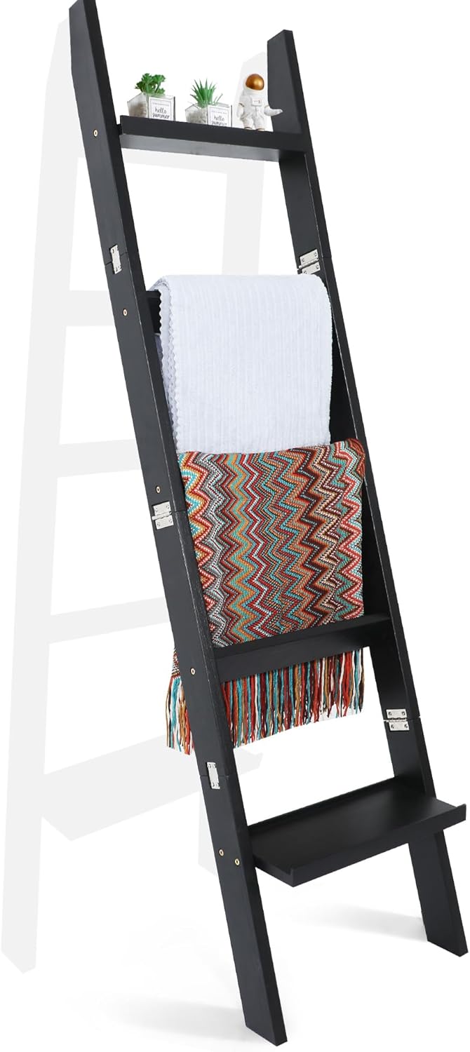 67" Wooden Blanket Ladders for The Living Room,5-Tier Ladder Shelf, Ladder Rack for Storage and Decor (Black)