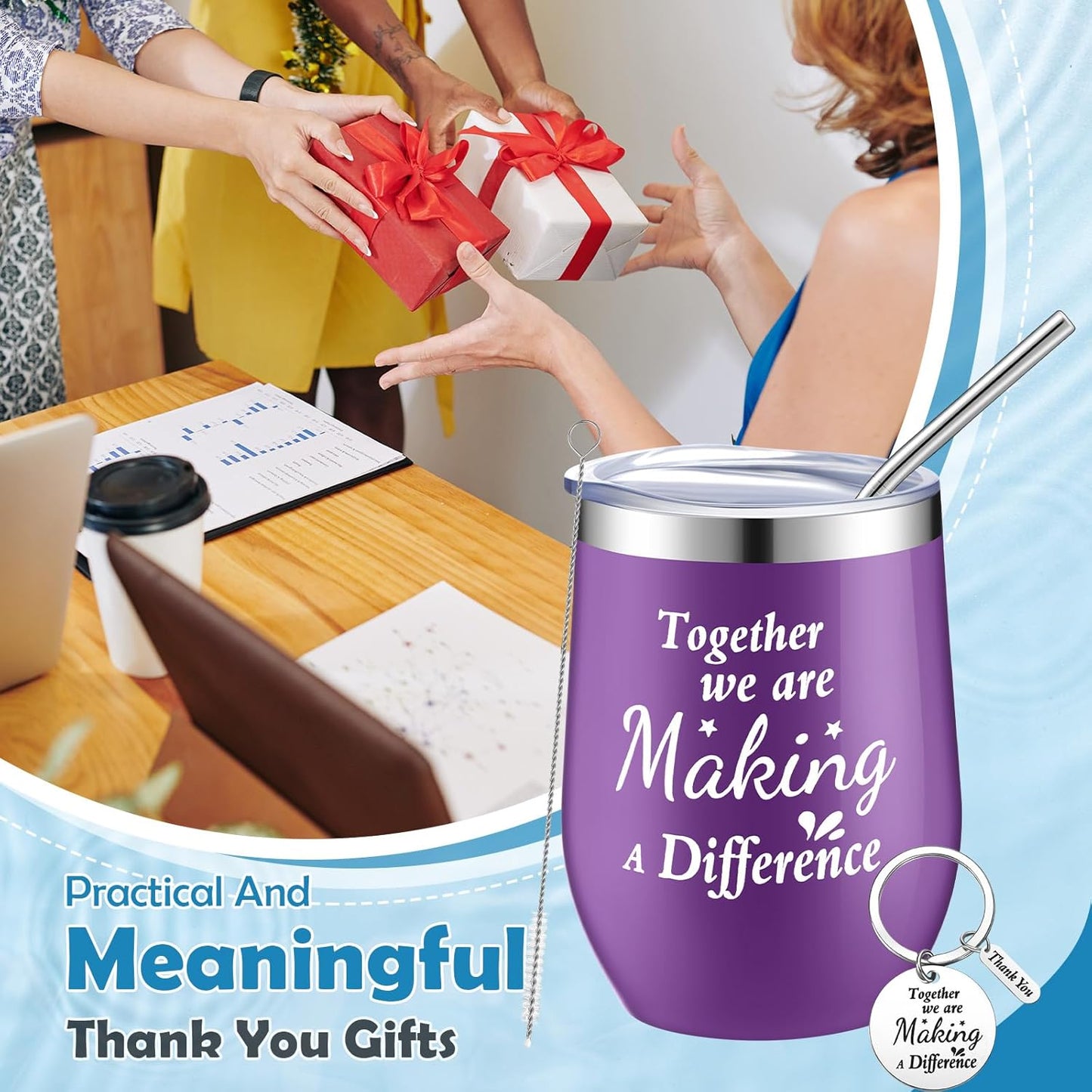 Dandat Employee Appreciation Gifts Team Thank You Gifts for Coworkers Stainless Steel Travel Tumbler with Straw and Keychain Inspirational Tumbler for Teacher Women Men(Multi Colors,12 Pack)