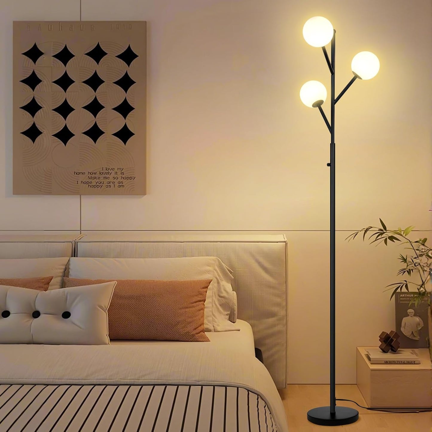 Globe Mid Century Tree Floor Lamp with 3 Light Bulbs,70in Tall Standing Glod Floor Lamp with Frosted Glass Shade for Living Room,Office,Bedroom, Study Room, Hotel, Antique Brass Lighting