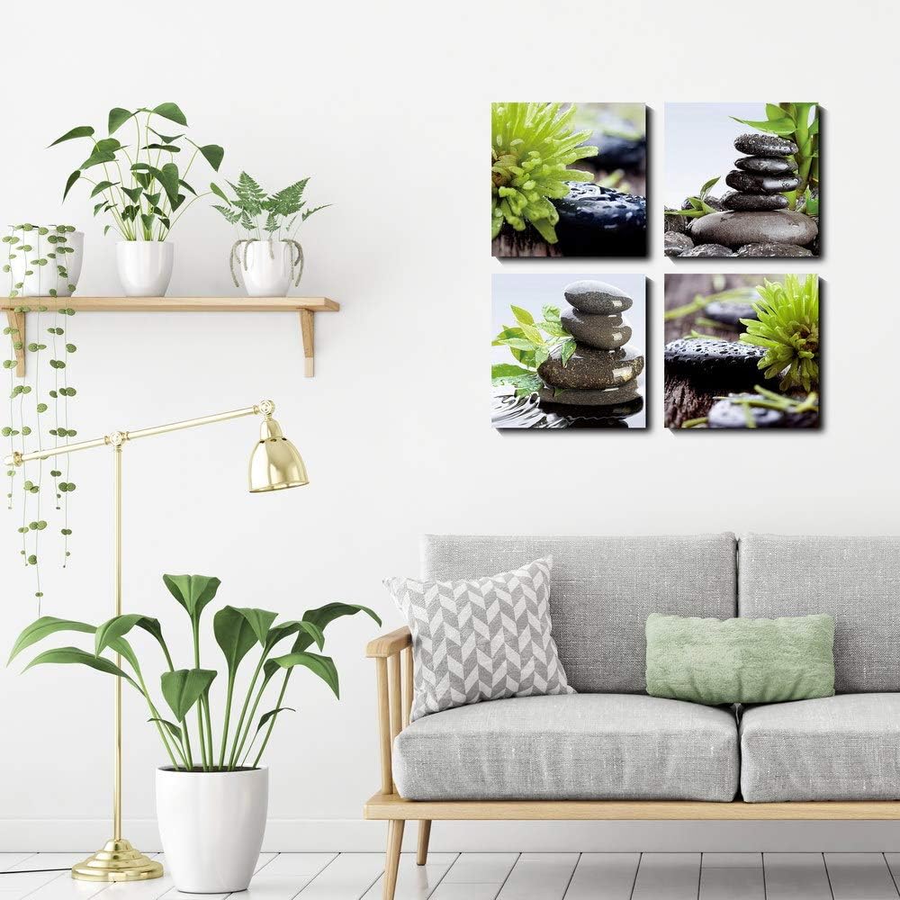 Zen Bathroom Decor Meditation Canvas Wall Art, Water Stone and Green Plants Pictures for Yoga Spa and Office Calming, Relaxing Wall Art for Office Bedroom Living Room (16x16in, 4 Panels)