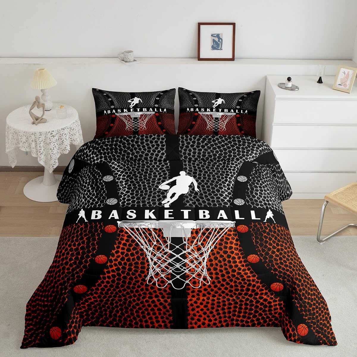 Basketball Kids Comforter Set Full Size,Geometric Basketball Court Abstract Bedding Set,Boys Girls Adults Room Decor,Ball Sports Games Down Comforter,Red Black Fashion Duvet Insert,2 Pillowcases