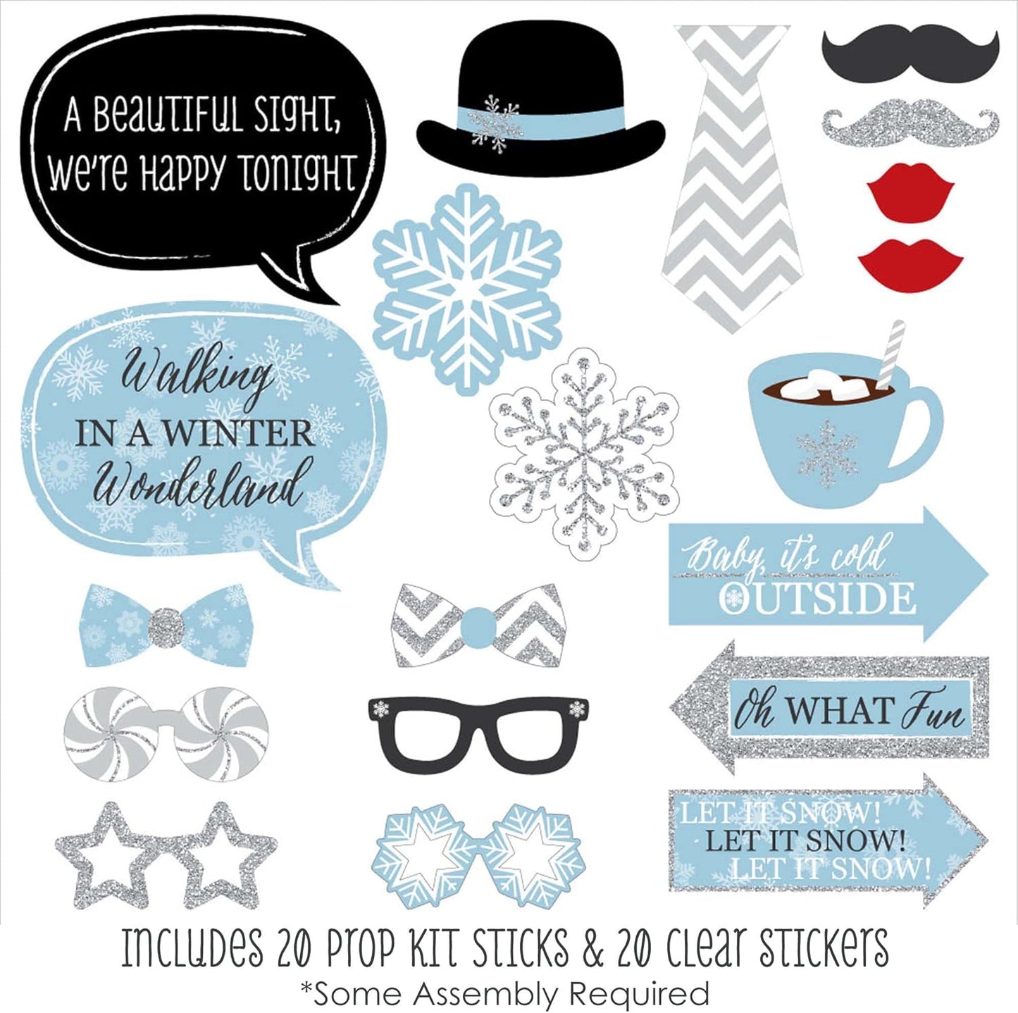 Winter Wonderland Photo Props Kit - 20 Snowflake Decorations for Holiday Parties & Weddings