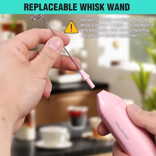 HAUSHOF Rechargeable Milk Frother Wand - Handheld Electric Foam Maker with Stand & Detachable Whisk | Pink