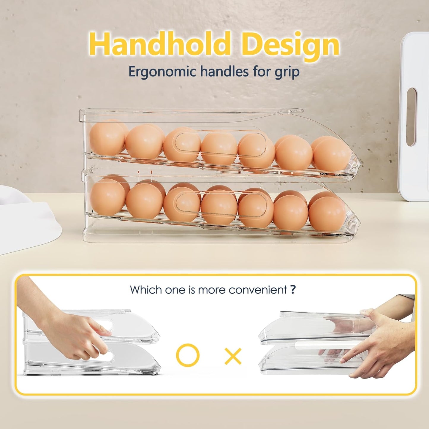 SMRCAD Egg Holder - Automatic Rolling Container with Soft Bumpers & Handle | Stackable Fridge Organizer
