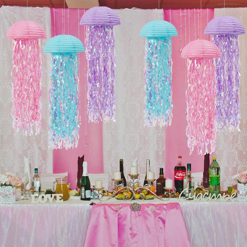 Mermaid Birthday Decorations, Jellyfish Paper Lanterns Pink Lavender Blue Hanging Lantern for Mermaid Baby Shower Theme Under The Sea Ocean Birthday Party Decorations Pack of 6