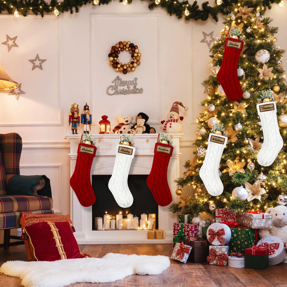 XOYTN 6 Pack Personalized Christmas Stockings, 18in Large Knitted Xmas Hanging Stocking Set Decoration with Leather Patches Custom Name for Holiday Christmas Family Decor (Red and White)