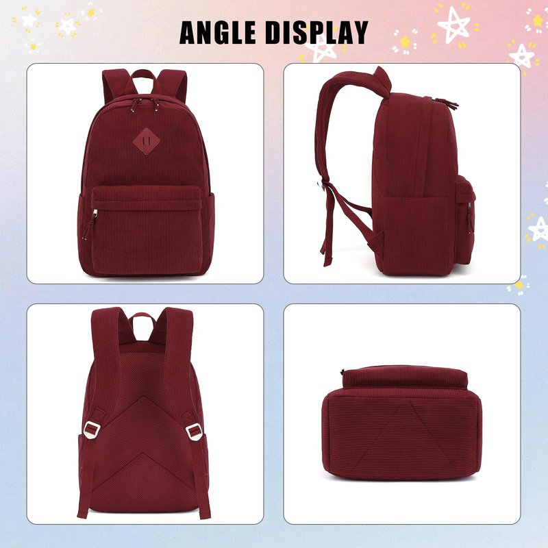 Esfoxes Corduroy Backpack for Girls, Kids Teens Elementary Middle High School Bags Women College Bookbags Travel Daypacks (Wine)