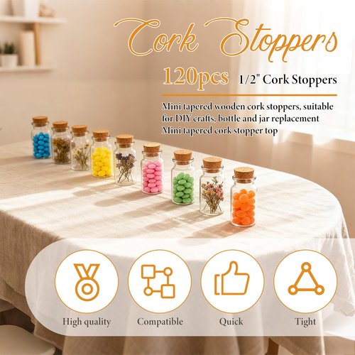 1/2 Inch Mini Tapered Cork Stoppers, 120 Pcs Cork Stoppers Wine Bottle Corks Plugs Replacement Wooden Wine Stopper Durable Small Bottle Plugs Replacement Wines Stopper for Jars Beer Bottles DIY Crafts