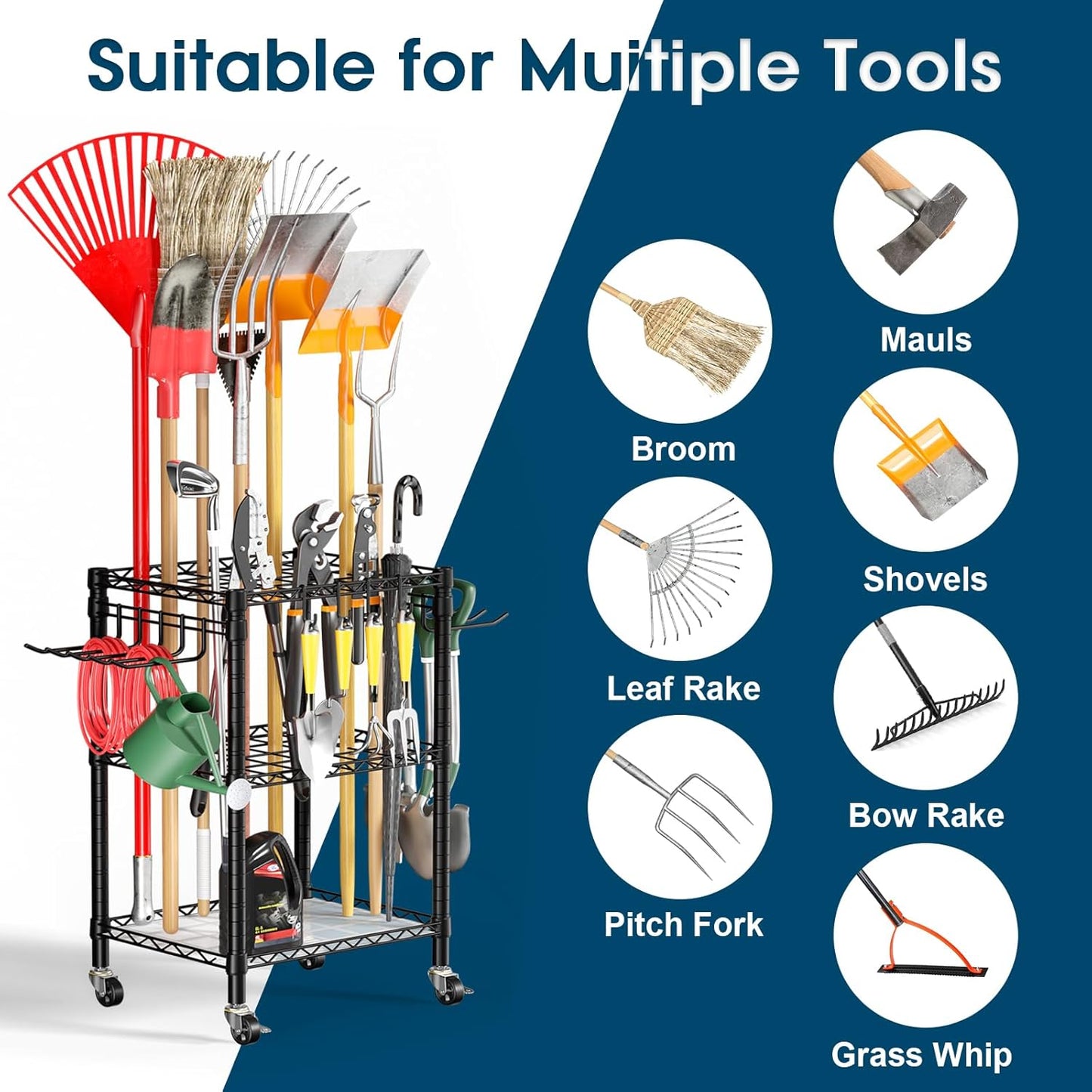 T1 Garden Tool Organizer - Heavy Duty Freestanding Storage with Lockable Wheels | Holds Up to 50 Tools, Black