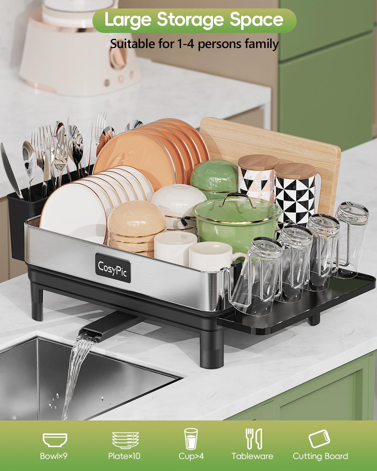 Skiennix Dish Drying Rack - Premium 304 Stainless Steel with Automatic Drainage Spout | Black, Complete Set