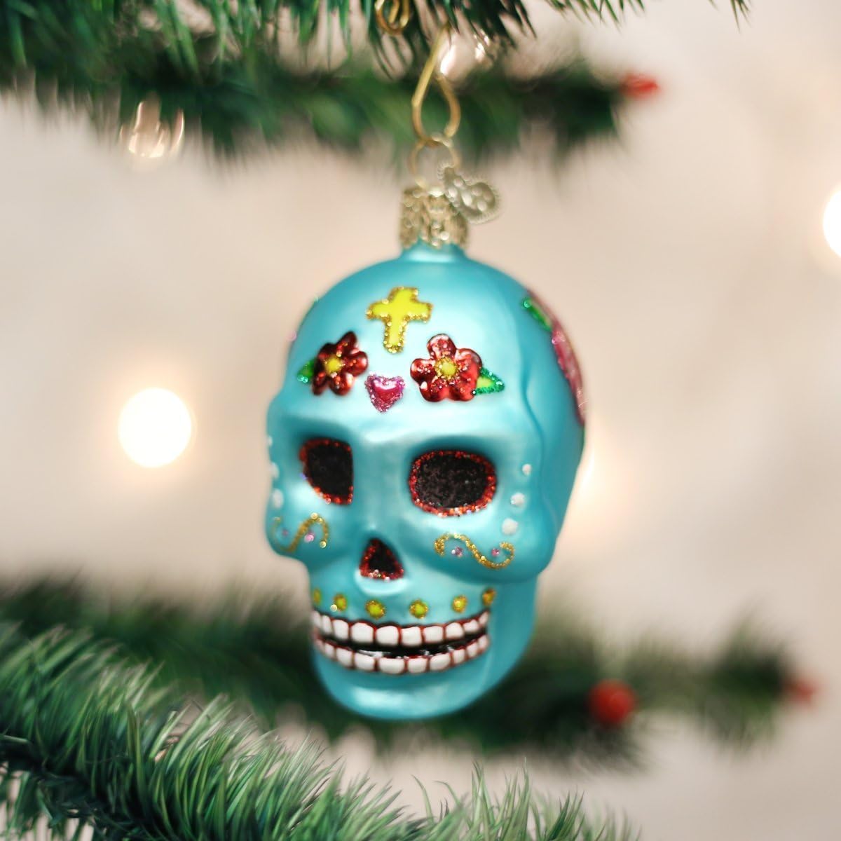 Handcrafted Day of the Dead Sugar Skull Glass Ornament - Unique Christmas Tree Decoration