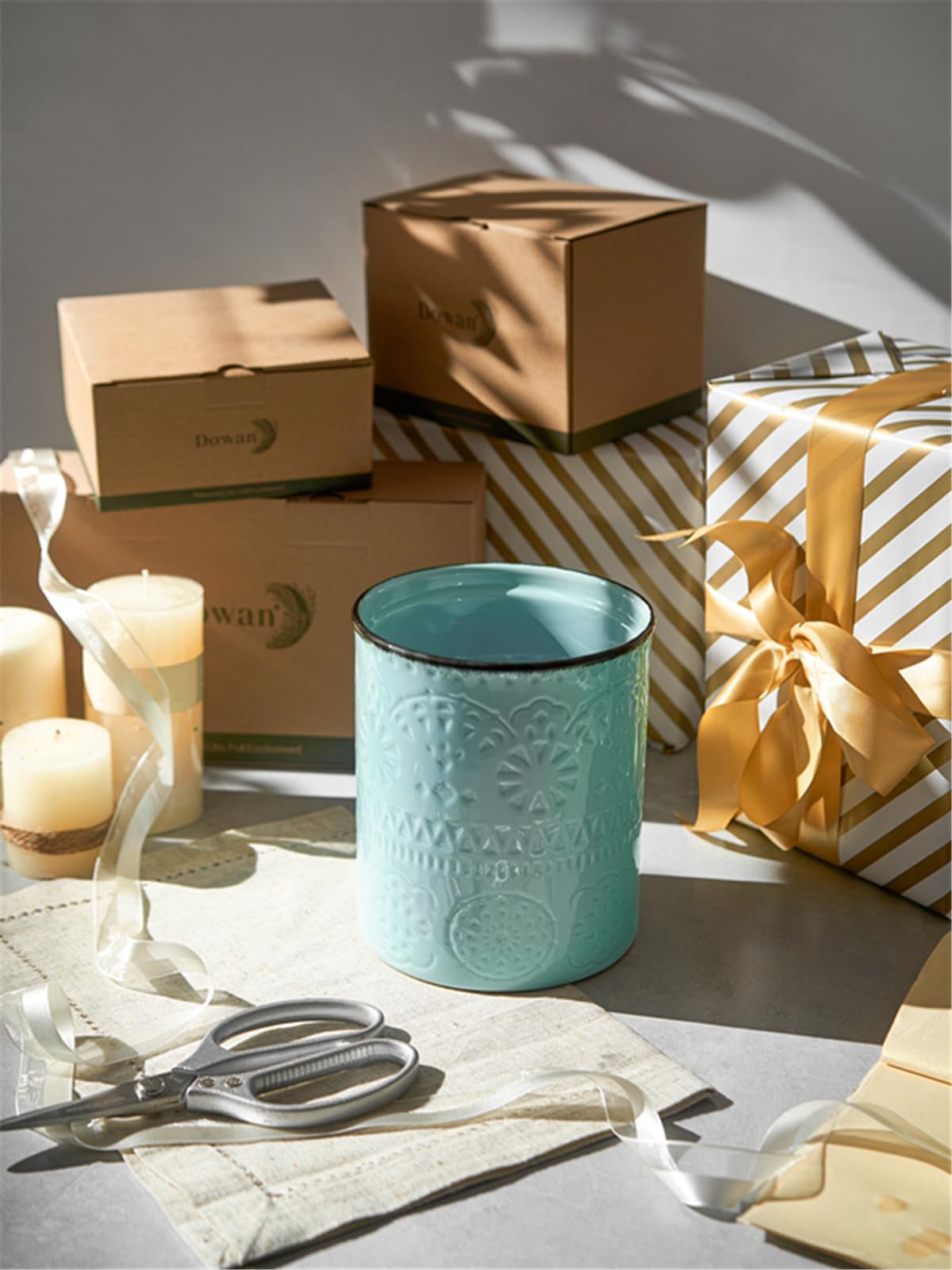 DOWAN Kitchen Utensil Holder, 7.2” Extra Large Farmhouse Utensil Holders for Countertop, Ceramic Utensil Crock, Anti Slip Cork Bottom, Teal Utensil Organizer for Home Décor, Housewarming Wedding Gift