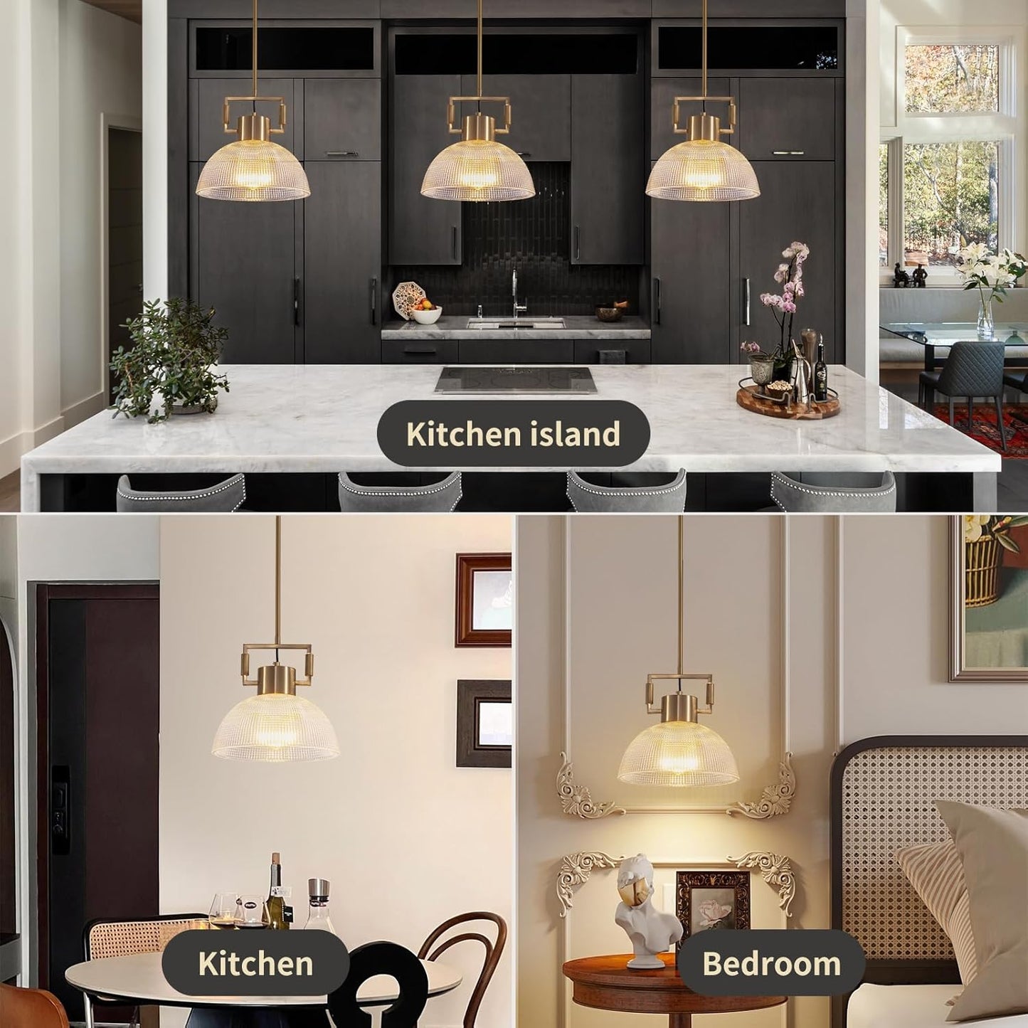 Pendant Lights Kitchen Island, 11.8" Gold Glass Pendant Lights Modern Vintage Fluted Large Dome Shade Brass Island Lights for Kitchen Dining Room Hallway Bedroom Restaurant.