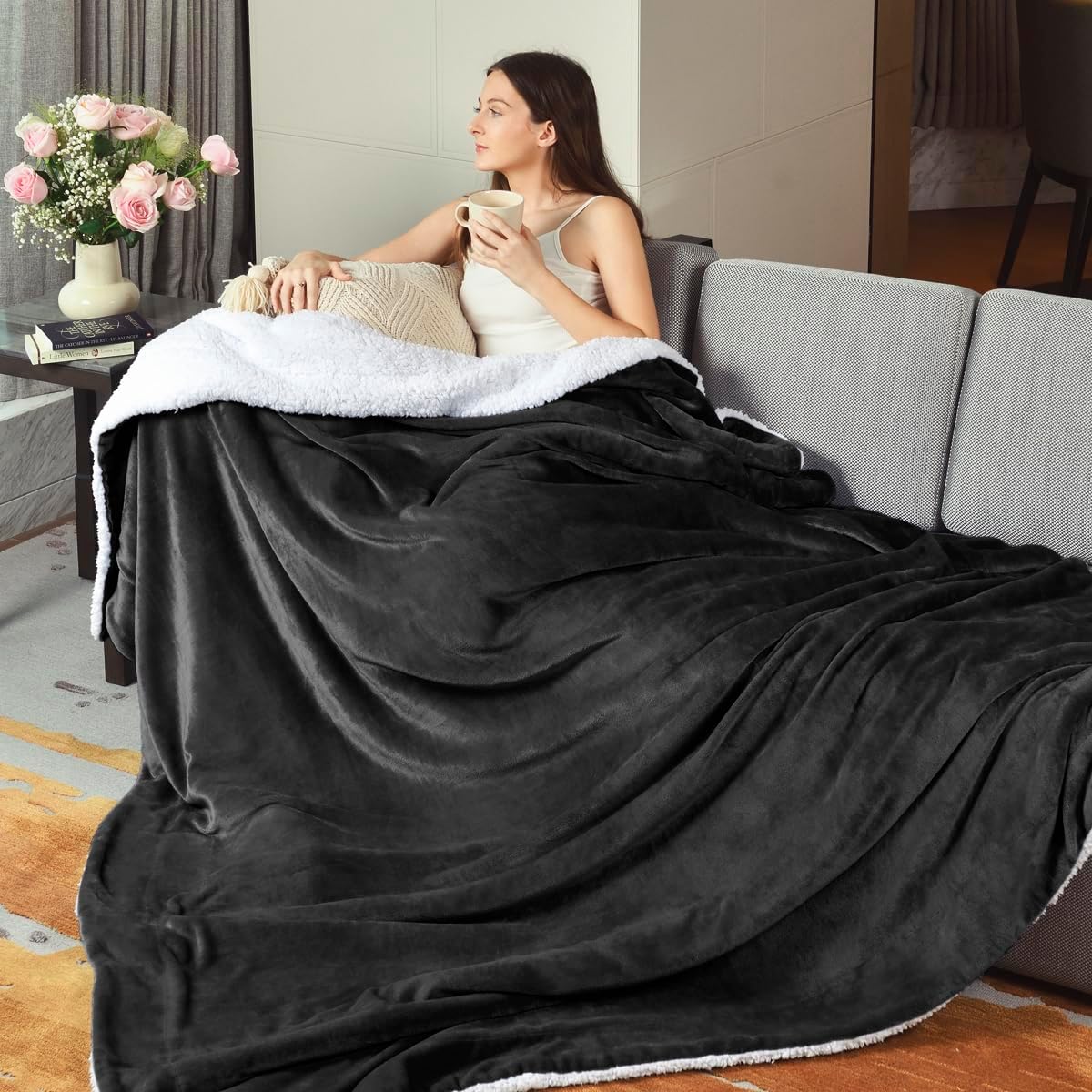 KAWAHOME Sherpa Fleece Queen Blanket - Extra Warm 500GSM Plush for Winter | 90" x 90" Dark Grey