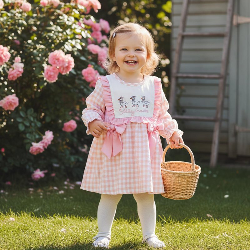 Toddler Baby Girl Fall Outfits Silly Goose Smocked Dress Long Sleeve Birthday Girl Dress Cute Smash Cake Clothes (Goose Letter Embroidery Pink, 12-18 Months)