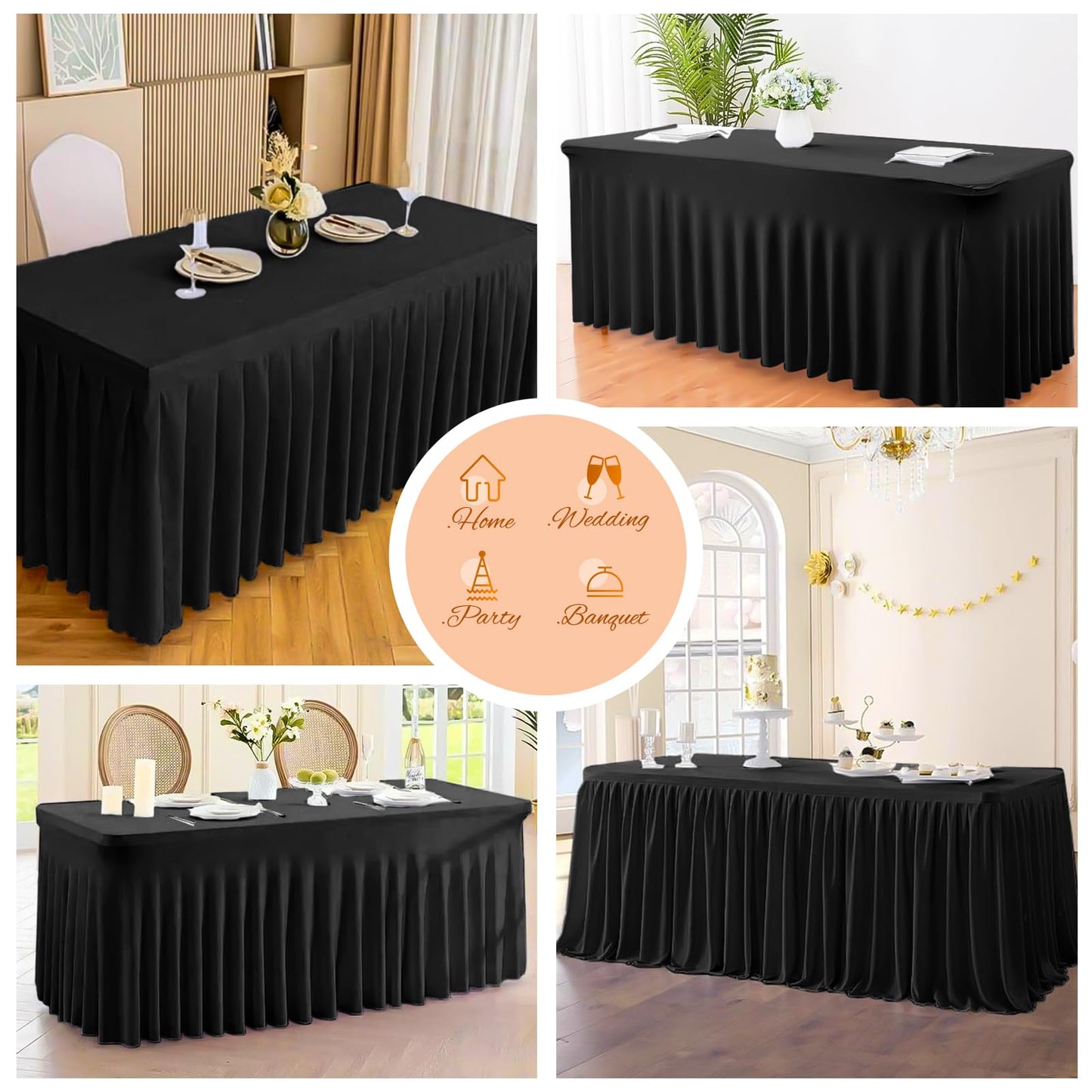 Pesonlook 6 Pack Spandex Table Skirt for 8 Ft Rectangle Tables, Black Fitted Stretch Tablecloth 30 x 96 Inch, Wrinkle Resistant Ruffle Design for Wedding Banquets, Birthday Party, Parties