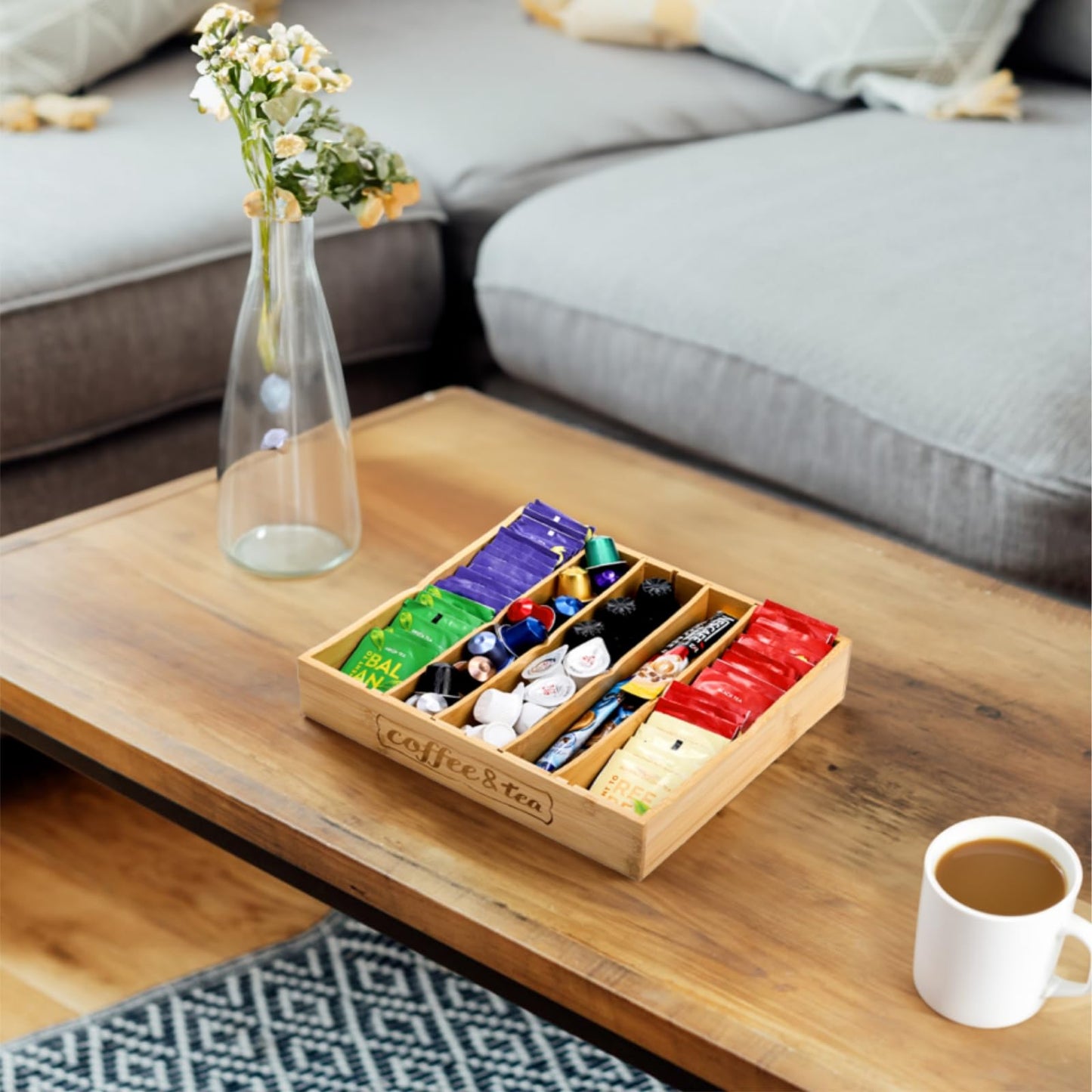 Lyellfe 2 Pack K Cup Holder for Drawers, Bamboo Tea Bag Organizer with Adjustable Dividers, Silverware Utensil Flatware Tray for Coffee Station Home Office, Kitchen