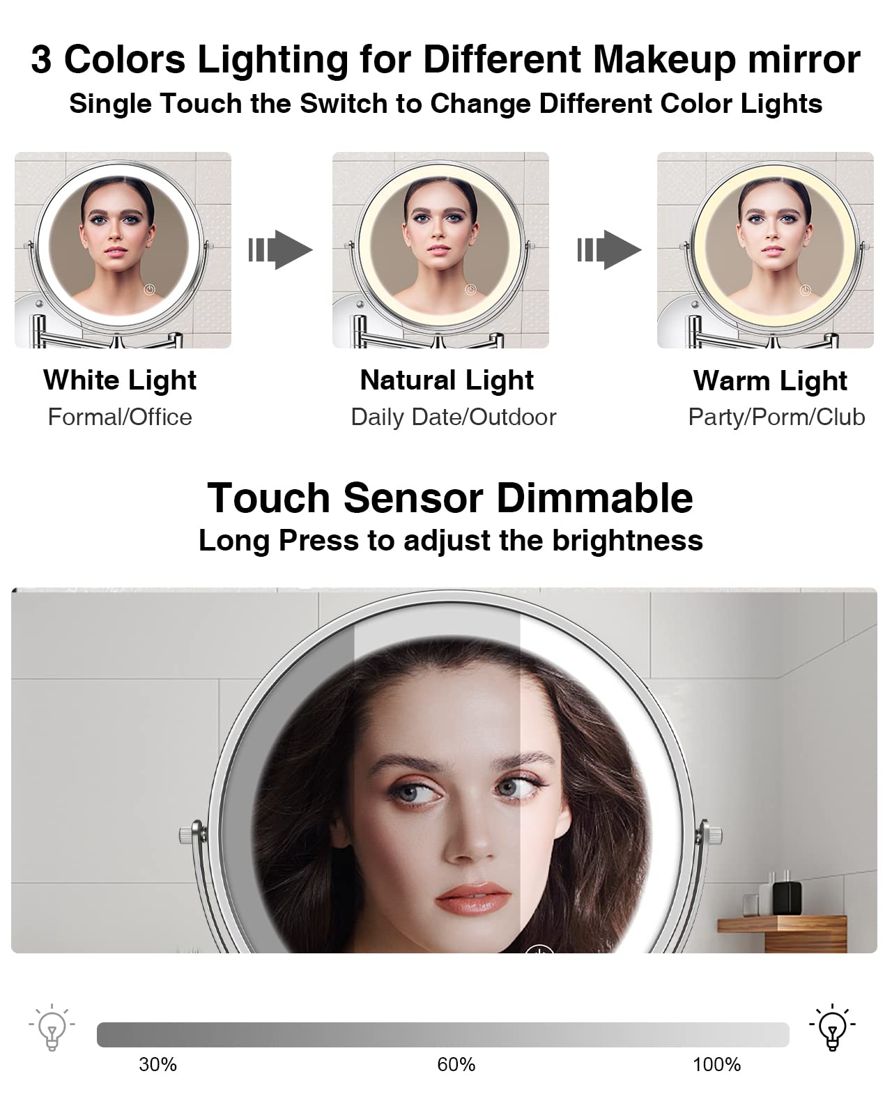 Rechargeable Lighted Wall Mounted Makeup Mirror, 8" Double-Sided 1X/10X Magnifying Bathroom Mirror with 3 Color Lighting, Touch Screen Dimmable 360°Swivel 13 Inch Extendable Chrome Vanity Mirror