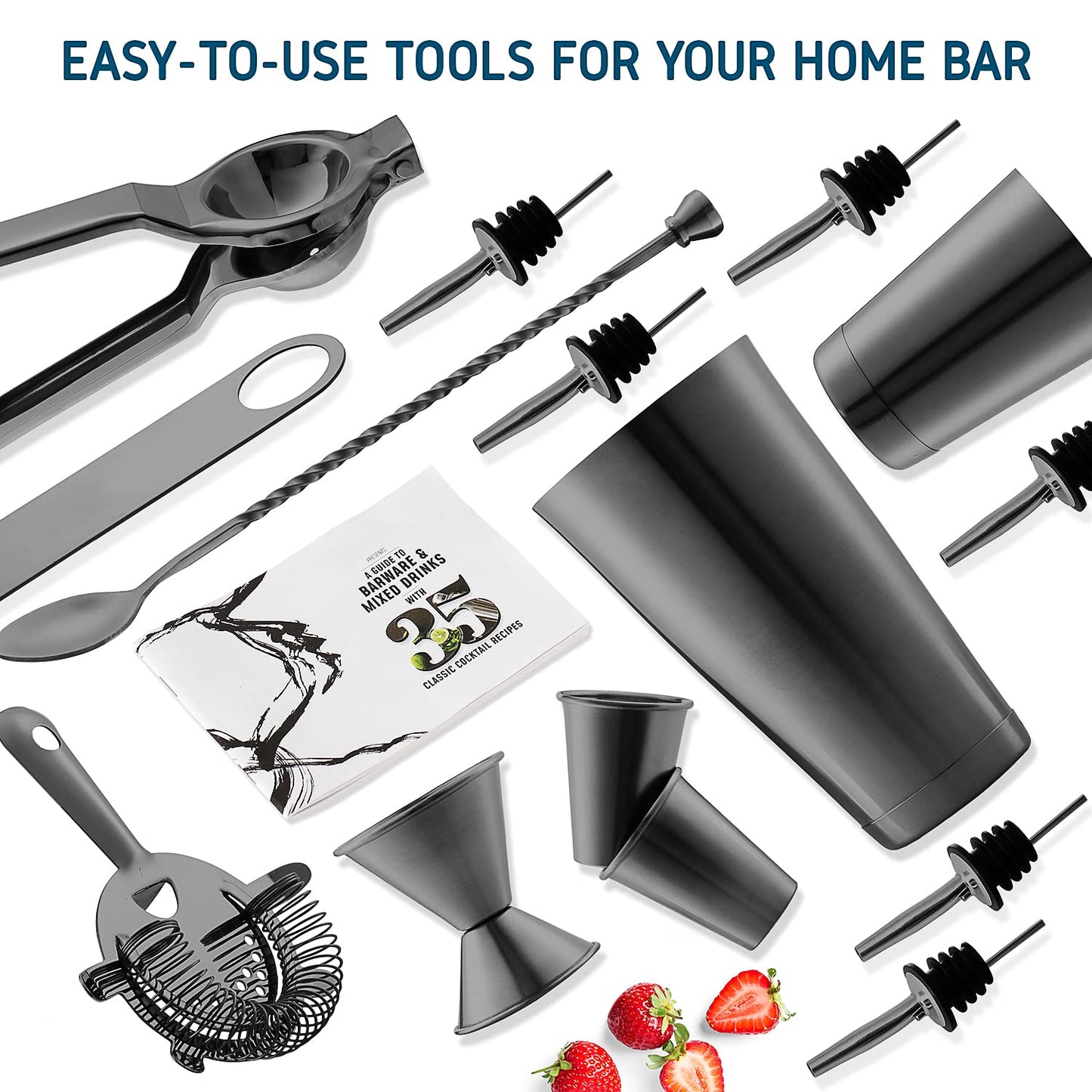 Bar Set Cocktail Shaker Set, Stainless Steel Mixology Bartender Kit, 16 Piece Cocktail Kit, Black Cocktail Set, Bar Tools: 30oz Martini Shaker, Muddler, Bar Kit Cocktail Book, Jigger and Pourers