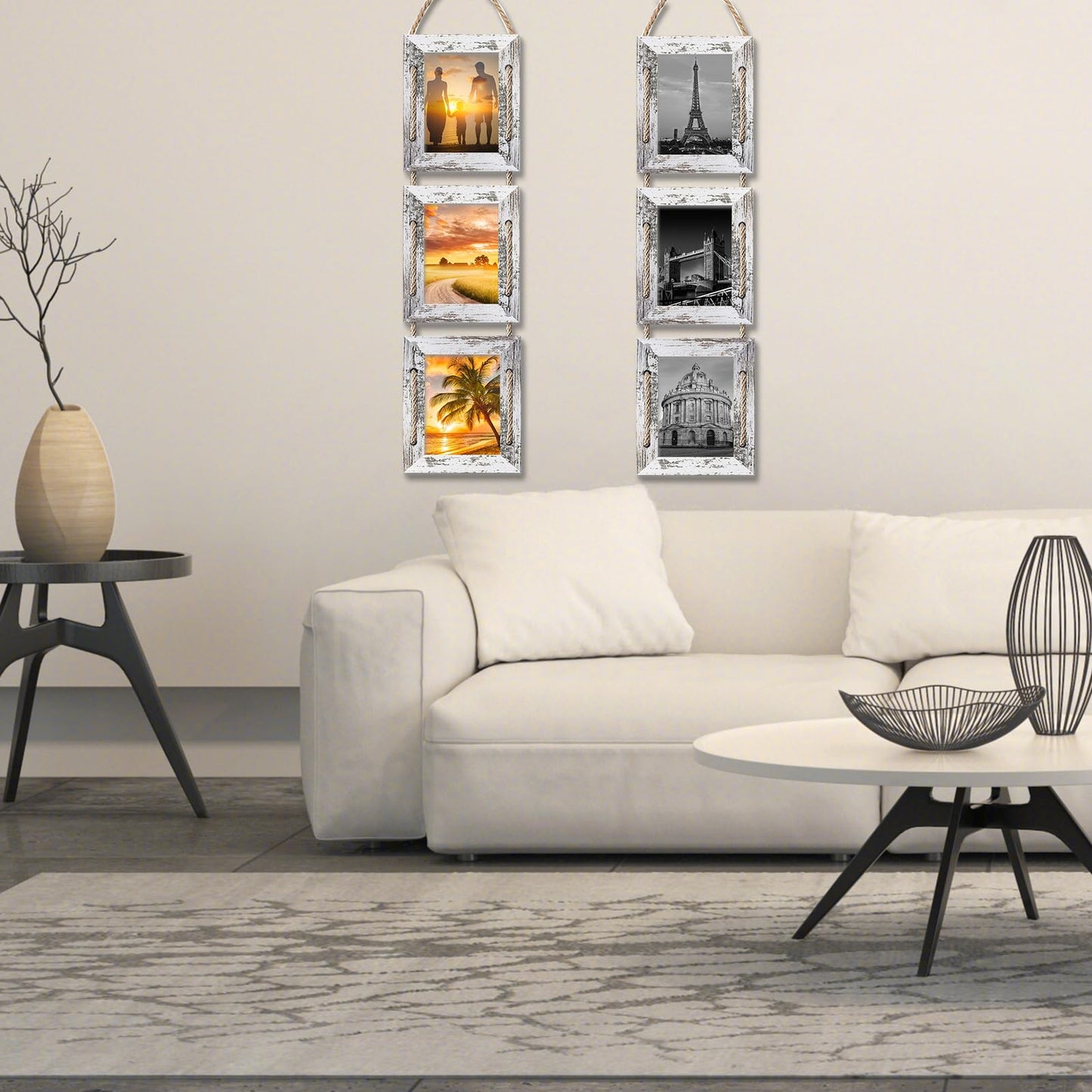 PWTAKO 4x6 Hanging Collage Picture Frames Wall Decor, 3-Opening 4x6 Rustic Wood Frame with Hemp Rope, 2 Pack,White