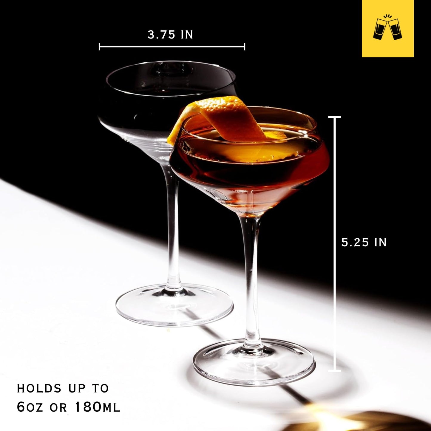 LEMONSODA Classic Martini Glasses 6oz | Set of 2 | Hand Blown Inspired by 1930s 50s Cocktail Culture | Crystal Clear Ribbed Design | Dishwasher Safe Lightweight Reusable Glassware for Home